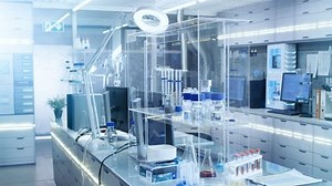 Bright and Ultra Modern High Tech Laboratory Full of Advanced Technological Wonders, Computers, Analyzing Machines, Test Tubes and Beakers. Shot on RED EPIC-W 8K Helium Cinema Camera.