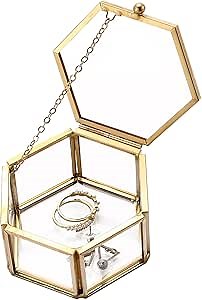 Small Golden Vintage Glass Keepsake Box | 3.1 x 2.5 x 1.7 Inch Compact Jewelry Lidded Box Decorative Glass Boxes for Display, Clear Hexagonal Box Rings Bracelet Earring Organizer