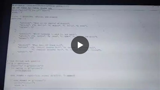 I have created a Quiz Game using Python as part of my learning journey in programming. This project is designed to test users’ knowledge through multiple-choice questions, calculate scores, and… | Raj Kumar S