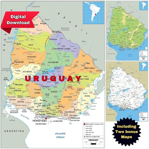 Uruguay Printable Map Set: Political, Topographical & Road (digital Download) - Etsy UK