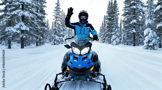 Man in blue suit rides snowmobile on snowy trail among pine trees. Active winter adventure scene suitable for travel, sport and extreme leisure concepts.
