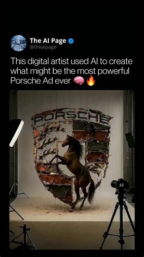 © The AI Page 👽 on Instagram: "A rearing horse has always symbolized speed, power and precision — and here, AI transforms that spirit into living art. The image draws from Porsche’s iconic crest, originally inspired by Stuttgart’s history as a horse-breeding city. Since 1952, that emblem has stood for agility, strength and elegance. What’s fascinating is how AI is reshaping creativity without replacing the human touch. Most artists using text-to-image tools still guide the vision, shape the moo