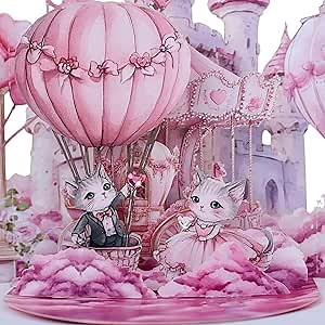 Pop Up Anniversary Card for Wife, Girlfriend, Couple, Boyfriend- Romantic Birthday Card, Cute 3D Valentines Card with Castle,Ferris Wheel, Hot Air Balloons and Couple of cats, Funny Gift Cards