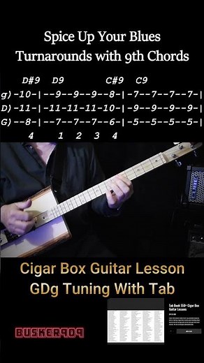 Spice Up Your Blues Turnarounds w easy 9th Chords "No Chat" Cigar Box Guitar Lesson Excerpt with Tab