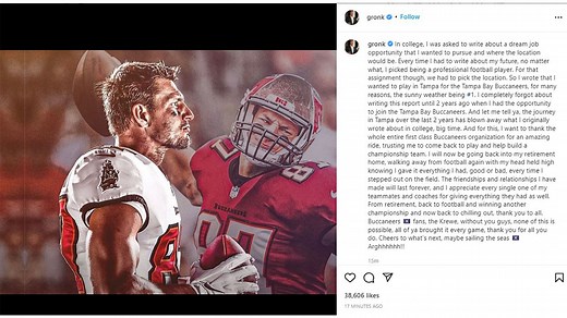 Rob 'Gronk' Gronkowski announces retirement from Buccaneers, NFL on Instagram