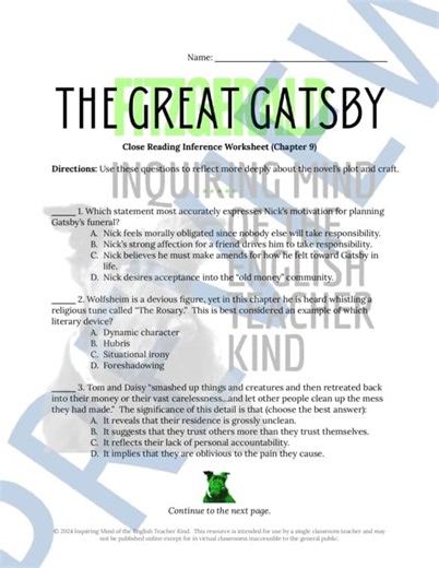 The Great Gatsby Chapter 9 Literary Analysis Worksheet (Google) | American Novel