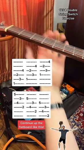 1234 Double String Switch Exercise. This one is simple in essence but a real finger twister and mind bender when you first do it. #guitarexercise #beginnerguitar #beginnerguitarlessons #guitar | Jamparkguitar