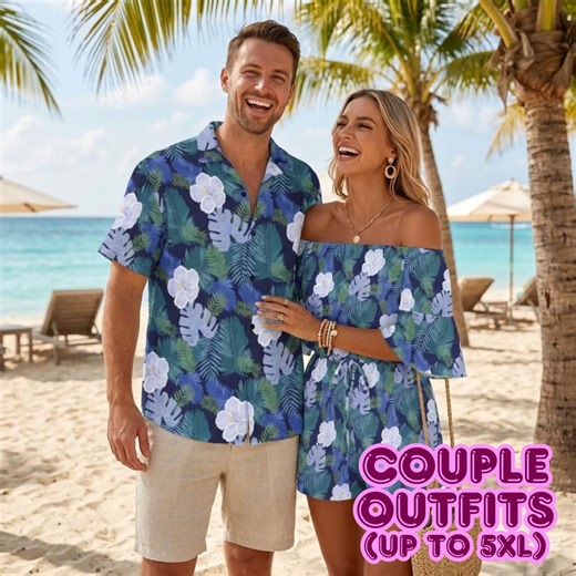 Hibiscus Couple Outfit – Matching Navy Off-shoulder Romper & Hawaiian Shirt - Etsy