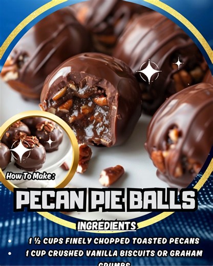 PECAN PIE BALLS (NO-BAKE) Nutty, sweet, and perfectly chewy. These no-bake pecan pie balls pack all the flavors of a classic pecan pie into bite-sized treats — a rich, buttery filling loaded with toasted pecans, rolled into soft centers, and dipped in smooth chocolate. A simple, make-ahead dessert that’s ideal for sharing or gifting during any season. Key Ingredients: pecans, crushed biscuits, brown sugar, butter, maple syrup, vanilla extract, dark chocolate. Quick Steps: Mix pecan filling, roll