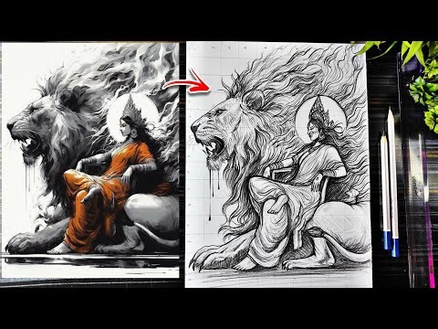 Durga Maa Aura Drawing With Lion🔥, Navratri Durga Thakur Drawing, How To Draw Maa Durga Step By Step