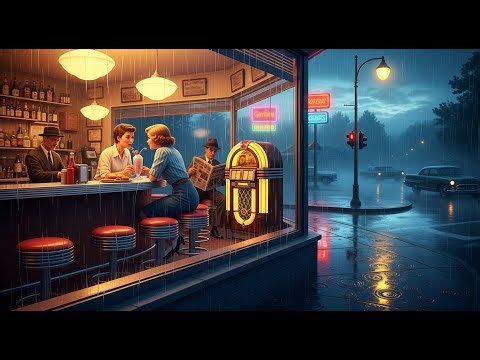 Retro Jazz Playing in a Coffee Shop Window While Rain Falls Outside (No Thunderstorm)