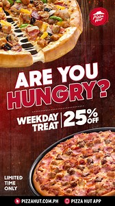 384K views · 30 reactions | Get 25% OFF ALL LARGE PIZZAS (Pan & Stuffed Crust)!  Use code: 25PCTOFFPIZZAS  Available exclusively for website and app orders from Monday to Thursday. ️ Don’t miss out—order now at https://www.pizzahut.com.ph/order/deal or through the Pizza Hut App! ️ Terms apply. Not valid in conjunction with other promos. #PizzaHutPH #MakeItGreat #WeekdayPromo | Pizza Hut | Facebook