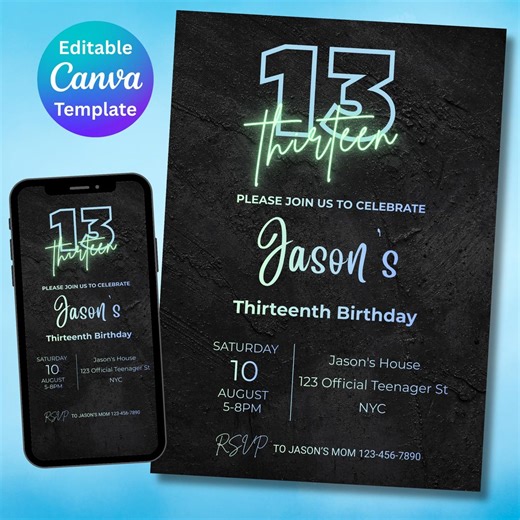 Editable Neon 13th Birthday Invitation, Teenage Birthday Invite Boy, Thirteenth Birthday Invitation, Digital Download - Etsy