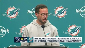 Mike McDaniel talks to press following Week 14 loss vs. Titans