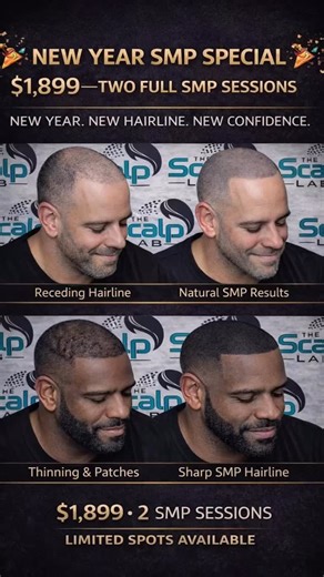 This is what natural SMP is supposed to look like. No straight, painted-on hairlines. No surgery. No downtime. Just a clean, realistic look designed to fit your head. 🎉 New Year SMP Special 💥 $1,899 – 2 full SMP sessions ⚠️ Limited spots available DM “NEW YEAR” to book your consultation. | The Scalp Lab - Hair Restoration