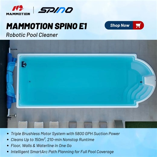 🏊‍♂️ Want A Spotless Pool Without The Hassle? Let MAMMOTION SPINO E1 Robotic Pool Cleaner Handle The Cleaning While You Enjoy The Fun. 💦🤖 🏷️ €200 Instant discount €20 New Registration 💰 Earn 2 Points for Every €1 Spent 🚀 Maximum Power, Zero Debris Left Behind 💪 Tangle-Free Design, Endless Summer Fun 🔋 Reliable Battery for Consistent Performance 🅿️ Automatic Waterline Parking 🤖 Intelligent SmartArc Path Planning 🖱️ One-Touch Start, 5 Mode Options 🌀 Quick Water Filtration 🌊 Built to L