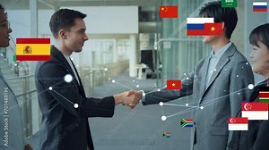 Multinational people shaking hands and national flags.