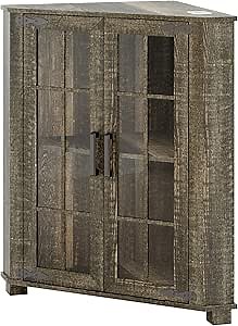 FREDEES Farmhouse Small Corner Cabinet with LED Light, Bathroom Cabinet with 2 Doors, Free Standing Home Floor Corner Storage Cabinet for Laundry Room, Living Room or Kitchen, Rustic Brown