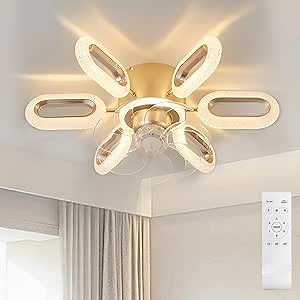 Low Profile Ceiling Fan: Flush Mount Fan Ceiling Light - 6 Light Small Gold Fandelier Ceiling Fan Light with Remote for Bedroom Living Room - 3 Color Change 6 Speed 29.5"