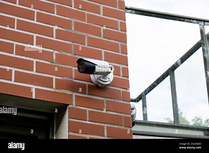 Close-up Of Security Camera On private building. Focus on security CCTV camera monitoring system with panoramic view. Technology concept. Surveillance video equipment outdoor safety system area control. Private property protection. CCTV on location Stock Photo - Alamy