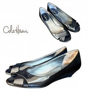 Cole Haan Black Patent Leather Peep Toe Wedges Nike Air Size 10 Classic Formal