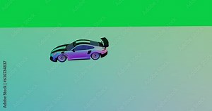 3D animation of sports car driving up ramp and turning bend in green and iridescent