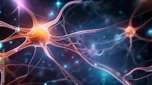 Electric synaptic activity, neurons flashing in human brain, dynamic biology in closeup animation