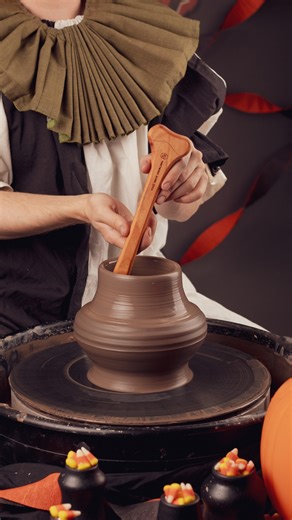 Throw with a bone! This custom spooky throwing stick, has two ends that will help you round out your pieces from the inside. No matter how tall your cylinder or how narrow the neck of your vessel, you can gently lower the bone into your piece and press the end of it against the lower walls to create round forms from the inside out. #garritytools #potsinaction #ceramics #throwingwheel #throwingtool #potteryrib #throwingrib #instapottery #ceramicsstudio #potteryclass #pottery #potterywheel #wheelt