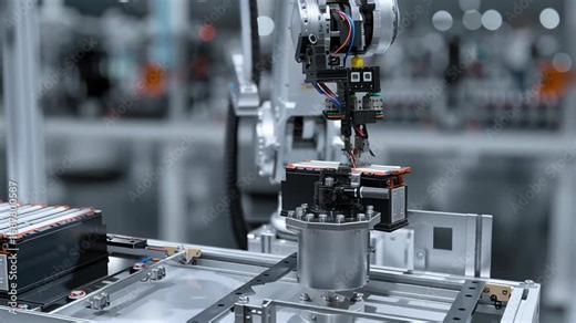 A robot is assembling a battery pack. The robot is in a factory setting. Robotic arm placing battery cells into electric vehicle platform, precise motion, clean car technical environment