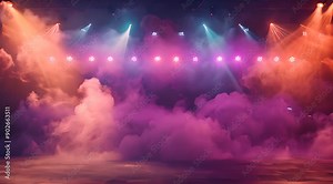 Concert stage background featuring bright spotlights and swirling smoke, setting the scene for an upcoming performance with a captivating and energetic vibe