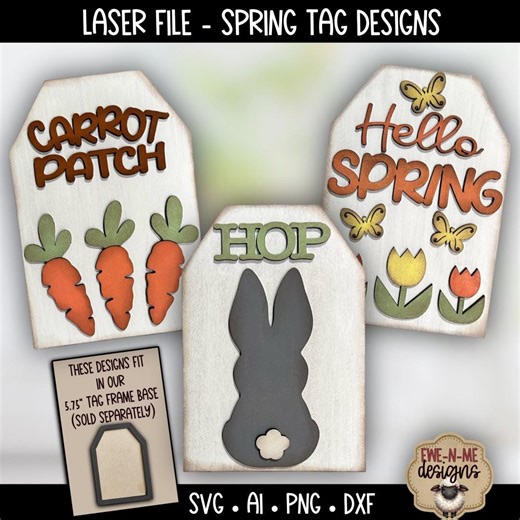 Spring Tag SVG Bundle - Carrot Patch, Hop Bunny, Hello Spring - Easter Laser File - Interchangeable Tag Insert - Laser Cut Files - Etsy