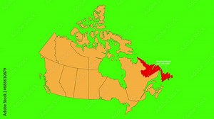 New Foundland and Labrador map animated video. Map Highlighted on the Canada map with animation and colour with Green screen background in video format.