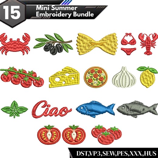 Summer Vacation Embroidery Bundle, Italian Food Ocean Designs Set, Tomato Lemon Lobster Shrimp Fish Pizza Pasta Ciao Embroidery Files - Etsy