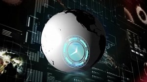 Animation Clock Globe Data Processing Screen Global Business Data Processing
