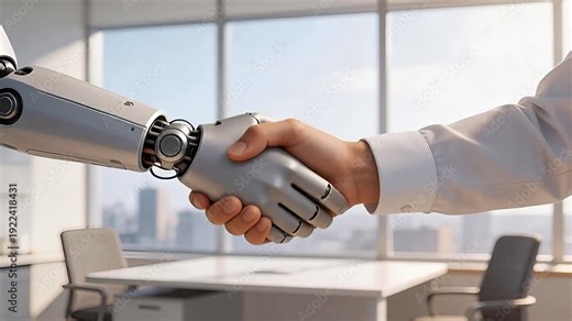 Human hand shaking robotic hand in modern office—symbolizing AI collaboration, human-machine partnership, and future of work in business technology