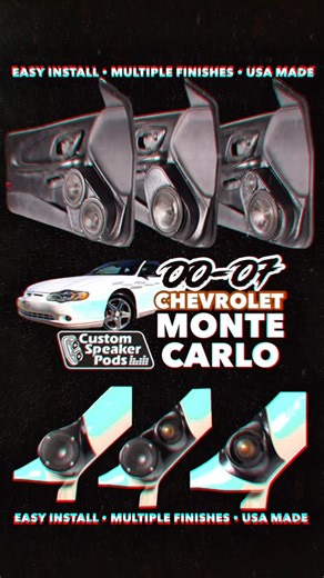 The 2000-2007 Chevy Monte Carlo speaker pods are ready to bring the sound out. Front doors and A-Pillar options have been added and available in all of our great finishes. Come see what’s new on our website, and order Custom Speaker Pods today! 🇺🇸 - Why choose Custom Speaker Pods? 🤔 ✅ More Speaker mounting points for more sound ✅ Installs Clean without messy or harmful materials ✅ Speaker Pods available with Multiple Finish options ✅ Family Owned & Always Made In the USA Upgrade your sound — 