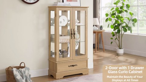 47" Glass Accent Storage Cabinet with Adjustable Shelves & Drawer, 3-Tier Small Curio Cabinet Showcase, Acrylic Mirrored Back Panel, Wine Artwork Storage for Living Room (Cherry)