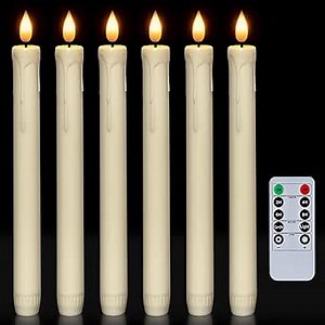 Homemory 6 Pcs Flameless Taper Candles with Remote, Timer, Dimmer, Ivory Battery Operated CandleSticks with Flickering Light, Plastic Led Window Candles, 9.6 Inches for Halloween Christmas Decoration
