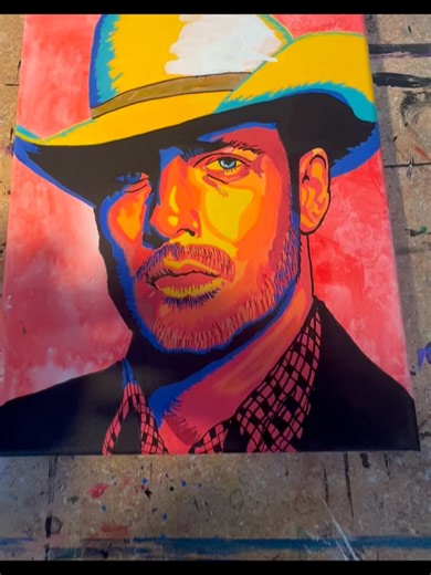 Tracey @ Spacey Ace Studio on Instagram: "~The One That Got Away Presenting No. 2 of my cowboy collection, a piece that went through many changes. I wrestled with adding a more delicate element, but it didn’t fit. The wood-like effect from the modeling paste turned out really well. He’s 11x14” on canvas using acrylic Posca paint pens, acrylic paint, and acrylic modeling paste. Hope you enjoy! #theonethatgotaway #contemporarywestern #moderncowboy #westernart #popartportrait"