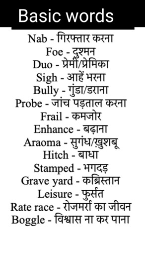 Basic English Vocabulary ( Page -002) with meaning in Hindi