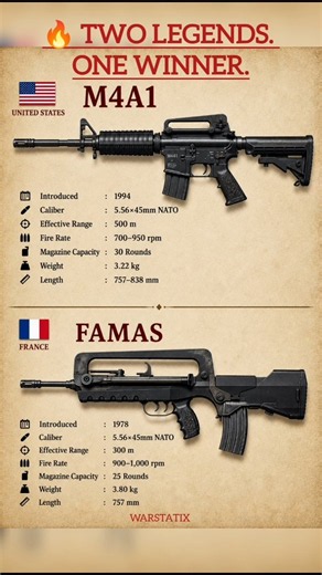 🇺🇸 M4A1 vs 🇫🇷 FAMAS | TWO LEGENDS. ONE WINNER. ⚔️ #militarycomparison #assaultrifle #guncomparison