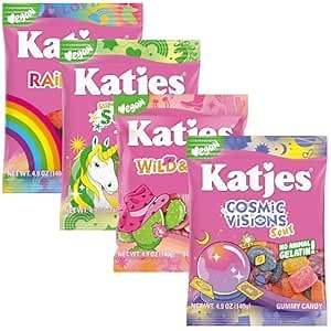 Katjes Vegan Gummy Candy Assortment, 4.9 oz Bags, 4 Flavor Pack - Rainbow Sour Wild Free Cosmic Visions Chewy Gummies – Gelatin-Free, Plant Based Sweet Fruity Snacks