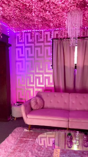 Diy flower ceiling using pink flower panels and pink flowers hanging. This project turned out so cute #diy #home #homedecor #pink #floral #flower #flowerceiling #pinkroom #girly #versace #accentwall #fy #fypシ゚viral #fypage #beforeandafter #homeimprovement #transformation #roomtour #livingroom #homedecor #airbnb #amazonfinds #livingroomdecor #pinklivingroom #pinkroom #roomdecor #luxury #viral