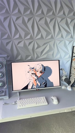 Pc Setup | Design | Products on Instagram: "🔥 Ultimate Minimal White Anime Setup | Aesthetic PC Desk Tour 2025 🔥 Looking for the perfect clean aesthetic gaming setup inspiration? This ultra–minimal white desk setup features a fully custom RGB PC build, anime-themed wallpapers, a sleek monitor layout, and modern LED wall lighting for that futuristic vibe. The 3D geometric paneling and soft purple LED glow make this workspace look straight out of an aesthetic Pinterest dream room. Whether you’re