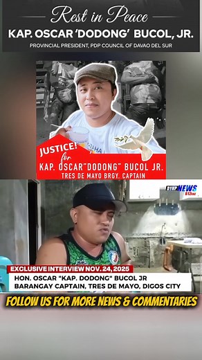 Kap. Oscar "Dodong" Bucol, Jr. was the barangay captain of Tres de Mayo in Digos City, Davao del Sur. He was a vocal critic of local officials and was known for his outspoken commentaries on social media, particularly on Facebook, where he had over 400,000 followers. Bucol was also the provincial chairperson of the PDP-Laban party in Davao del Sur. He was tragically shot dead while livestreaming on Facebook at his home on November 25, 2025. The incident was captured on his Facebook Live broadcas