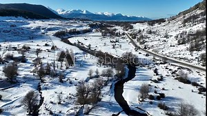 Frozen Grove At Ushuaia End Of The World Argentina. Amazing Countryside Scenery Near Farm And Forest Trees. Snowing Day Tourism Expedition Exploring. Expedition Lagoon Outdoor.
