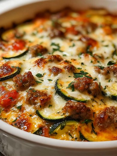 Low Carb Zucchini and Sausage Casserole Ingredients: 2 medium zucchinis, sliced into thin rounds 1 pound Italian sausage (mild or spicy, your choice) 1 cup shredded mozzarella cheese 1 cup diced tomatoes (canned, drained) 1/2 cup onion, chopped ...... Full Recipe in Coʍmеոτ 💬 | Yay Food