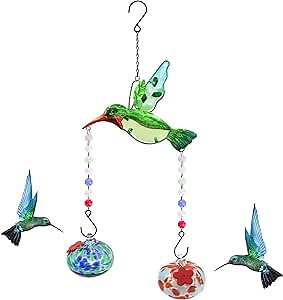 Hummingbird Feeder,Hand-Blown Glass Hummingbird Feeders for Outdoors Hanging with Hanging Ornament Hummingbird (Green)