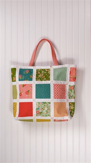 7.8K views · 80 reactions | With use of a Charm Pack, simple piecing and clever construction, this fun and functional tote comes together like magic in our Strawberry Lemonade Magic Charm Pack Tote! Get the Kit & Watch the Tutorial: https://www.shabbyfabrics.com/p174898 | Shabby Fabrics | Facebook