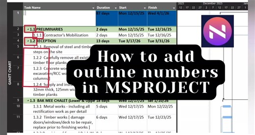 🗂️ MS Project Tip: Add Outline Numbers Easily Want to organize your MS Project tasks clearly? Here’s how to enable outline numbers in 30 seconds. Easy and effective! #MSProjectTips #ConstructionTraining #NavitaAcademy | Navita Academy
